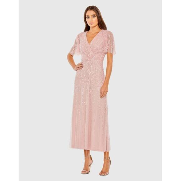 Mac Duggal Sheer Flutter Sleeve V-Neck Formal Wrap Dress Rose Pink Size 12 NWT - Picture 1 of 12